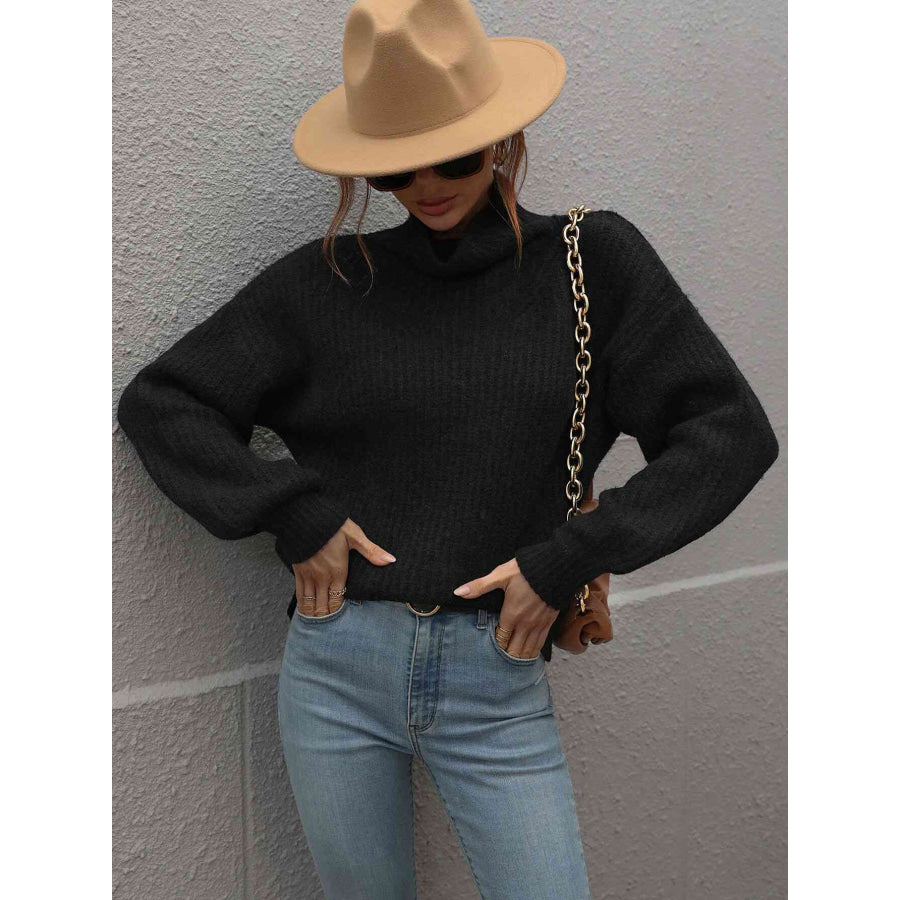 Woven Right High Neck Balloon Sleeve Rib-Knit Pullover Sweater