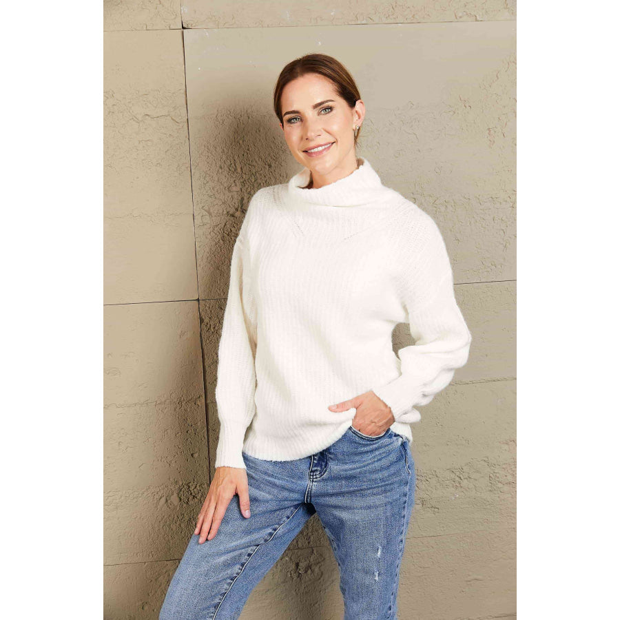 Woven Right High Neck Balloon Sleeve Rib-Knit Pullover Sweater