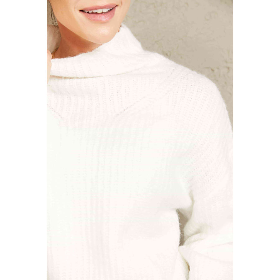Woven Right High Neck Balloon Sleeve Rib-Knit Pullover Sweater