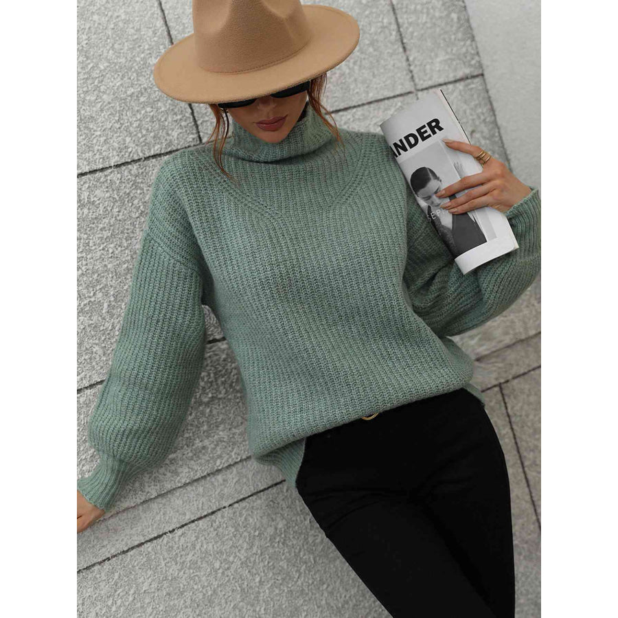 Woven Right High Neck Balloon Sleeve Rib-Knit Pullover Sweater