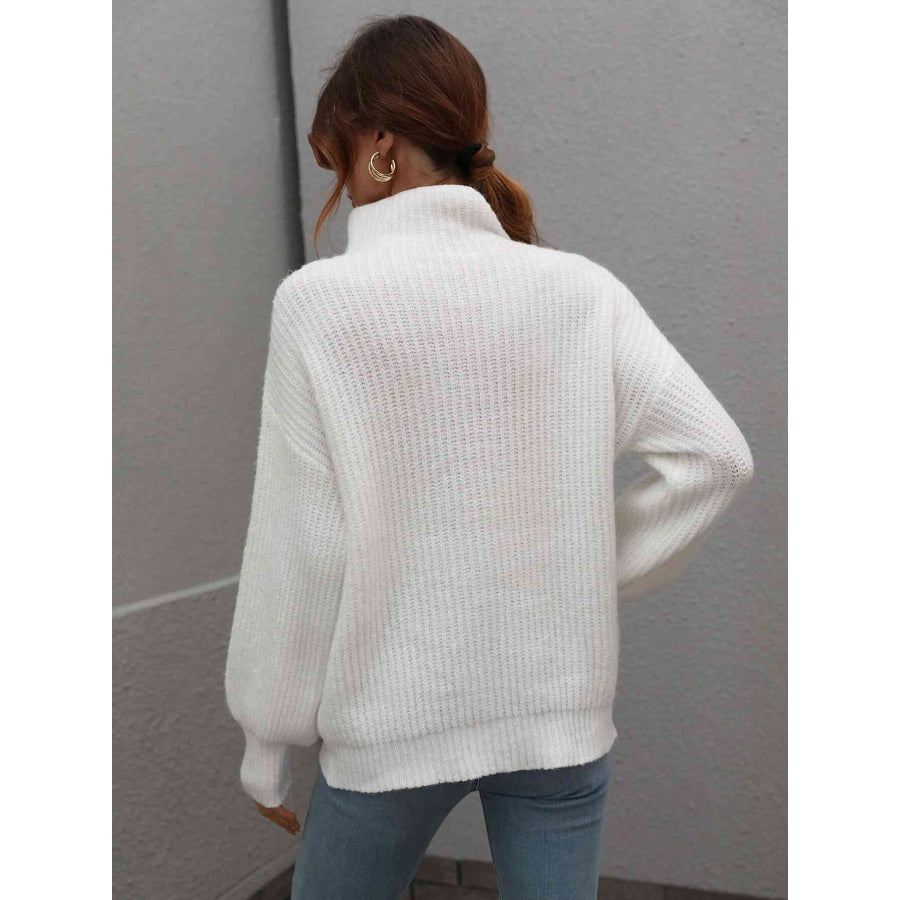 Woven Right High Neck Balloon Sleeve Rib-Knit Pullover Sweater