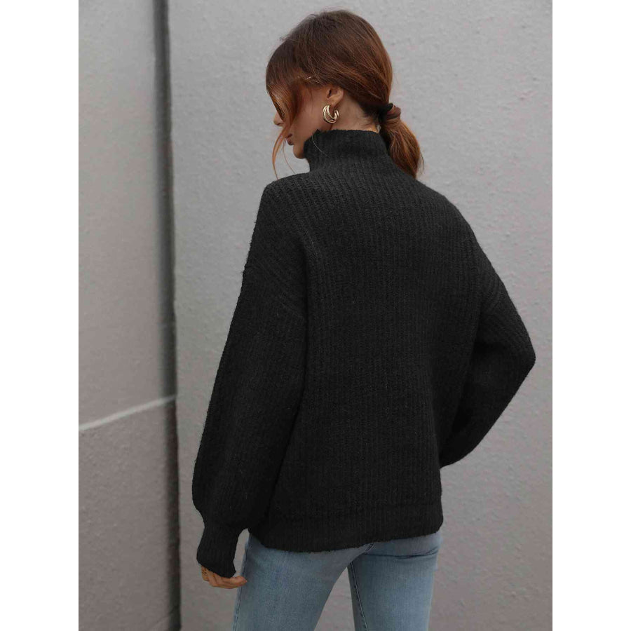 Woven Right High Neck Balloon Sleeve Rib-Knit Pullover Sweater