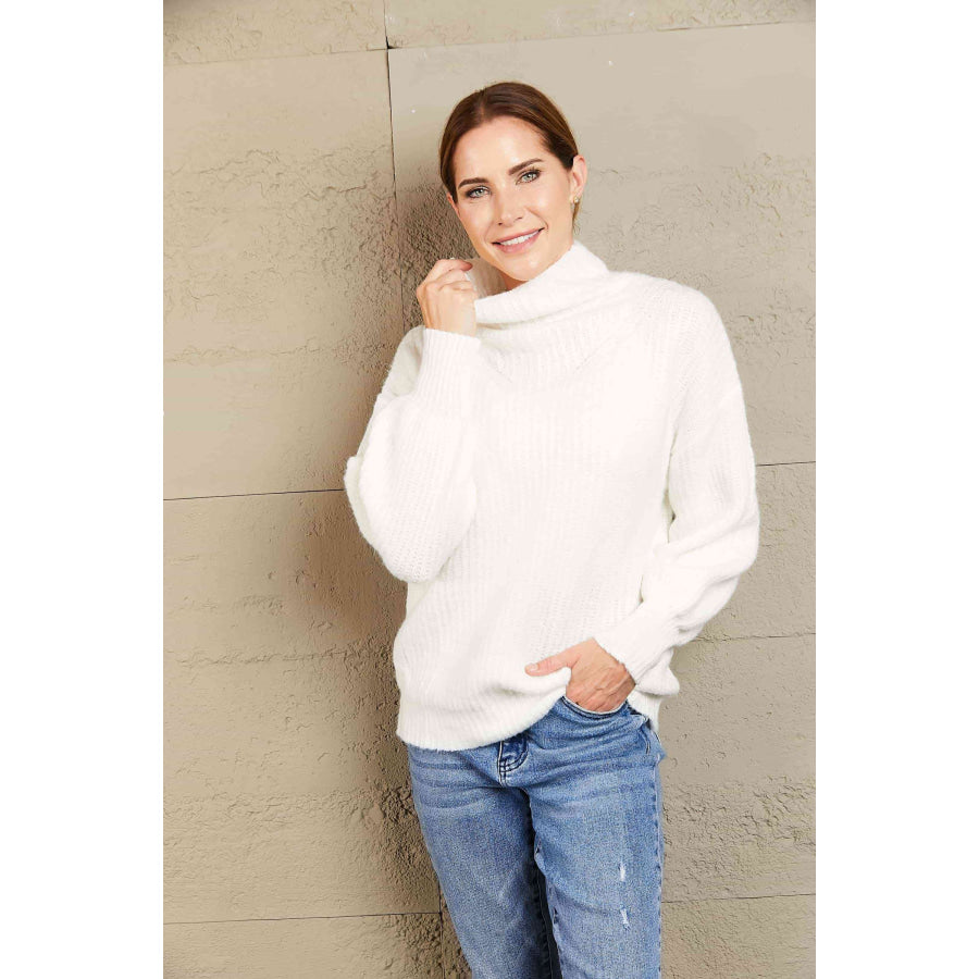 Woven Right High Neck Balloon Sleeve Rib-Knit Pullover Sweater