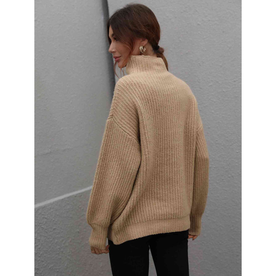 Woven Right High Neck Balloon Sleeve Rib-Knit Pullover Sweater