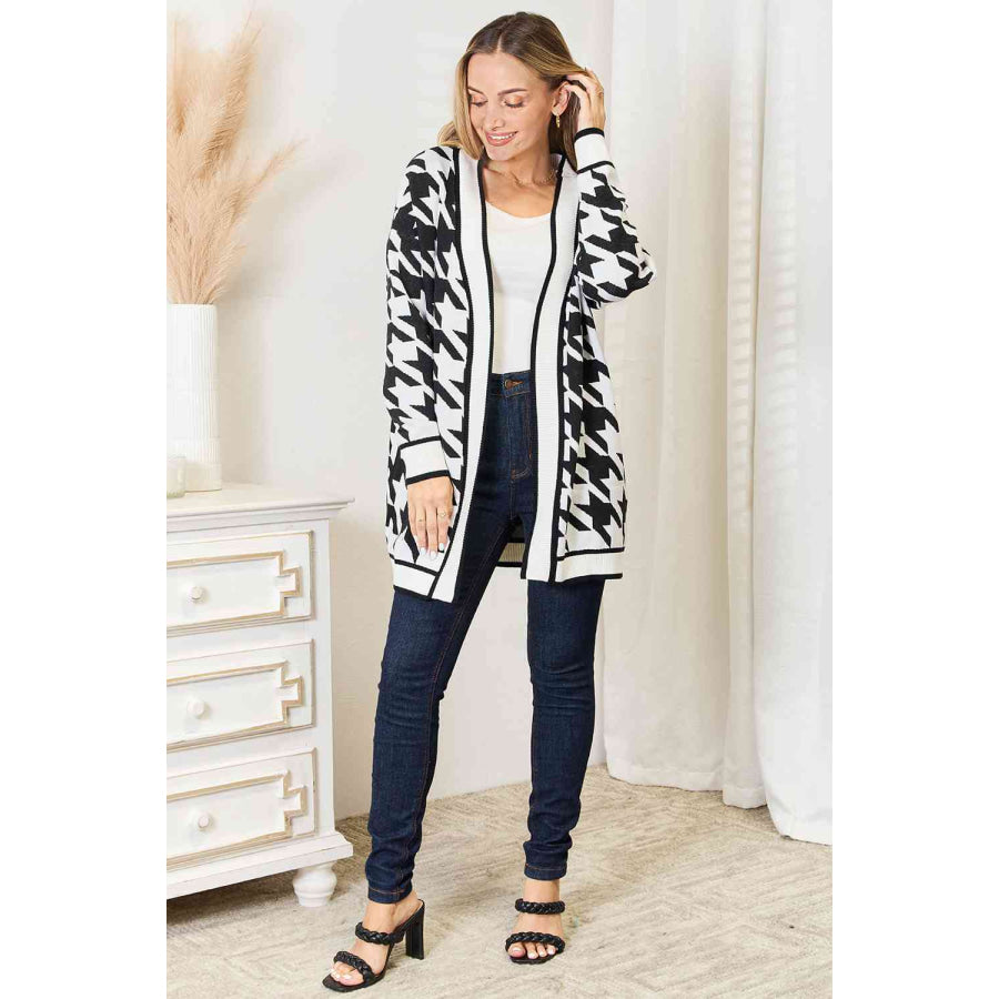 Woven Right Houndstooth Open Front Longline Cardigan