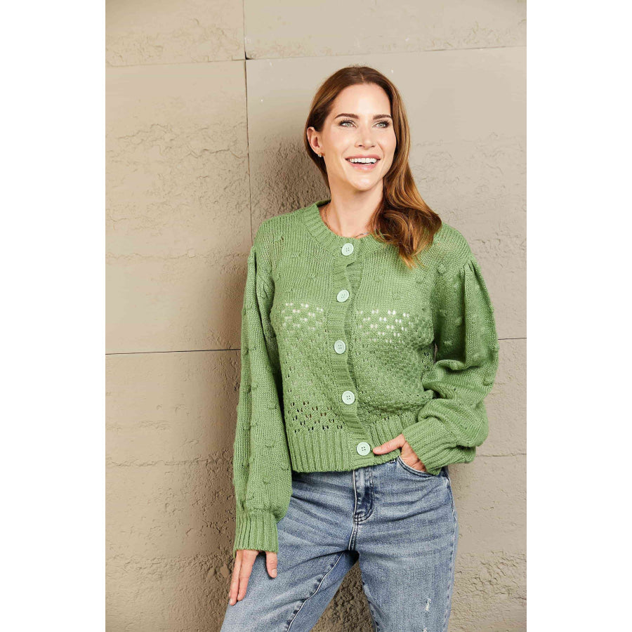 Woven Right Openwork Pompom Puff Sleeve Cardigan