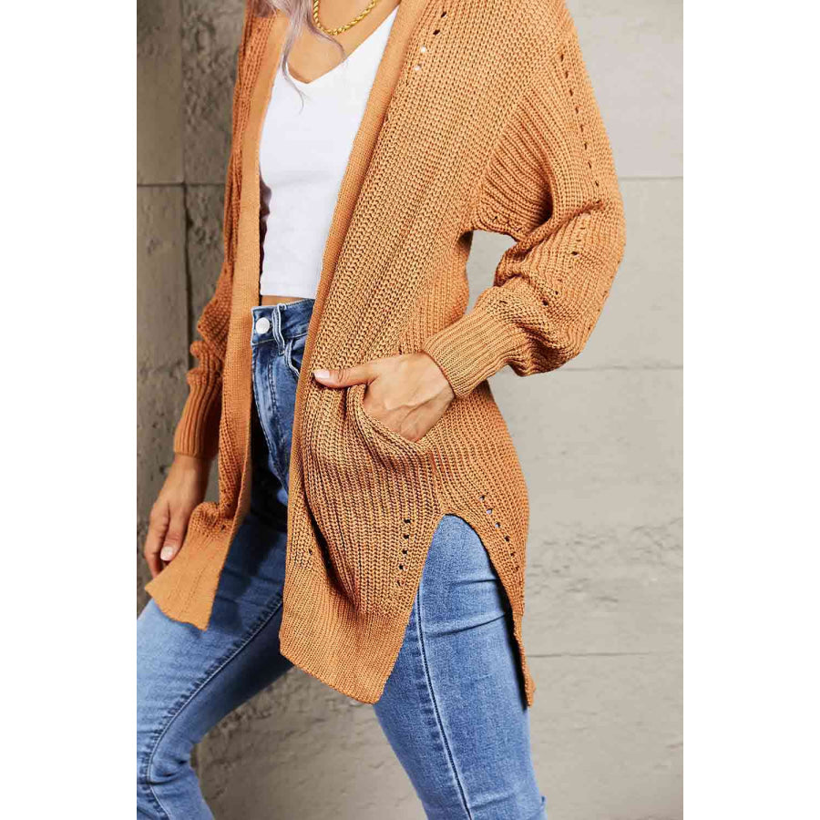 Woven Right Openwork Rib-Knit Slit Cardigan