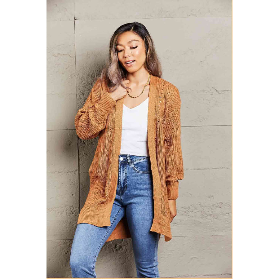 Woven Right Openwork Rib-Knit Slit Cardigan