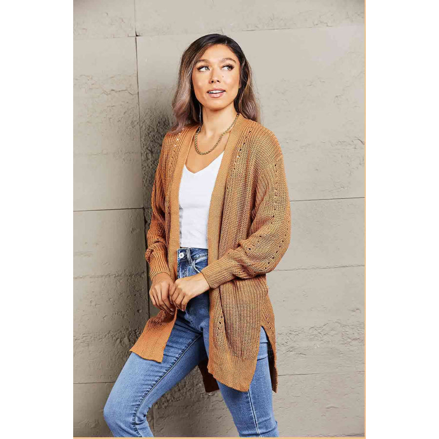 Woven Right Openwork Rib-Knit Slit Cardigan