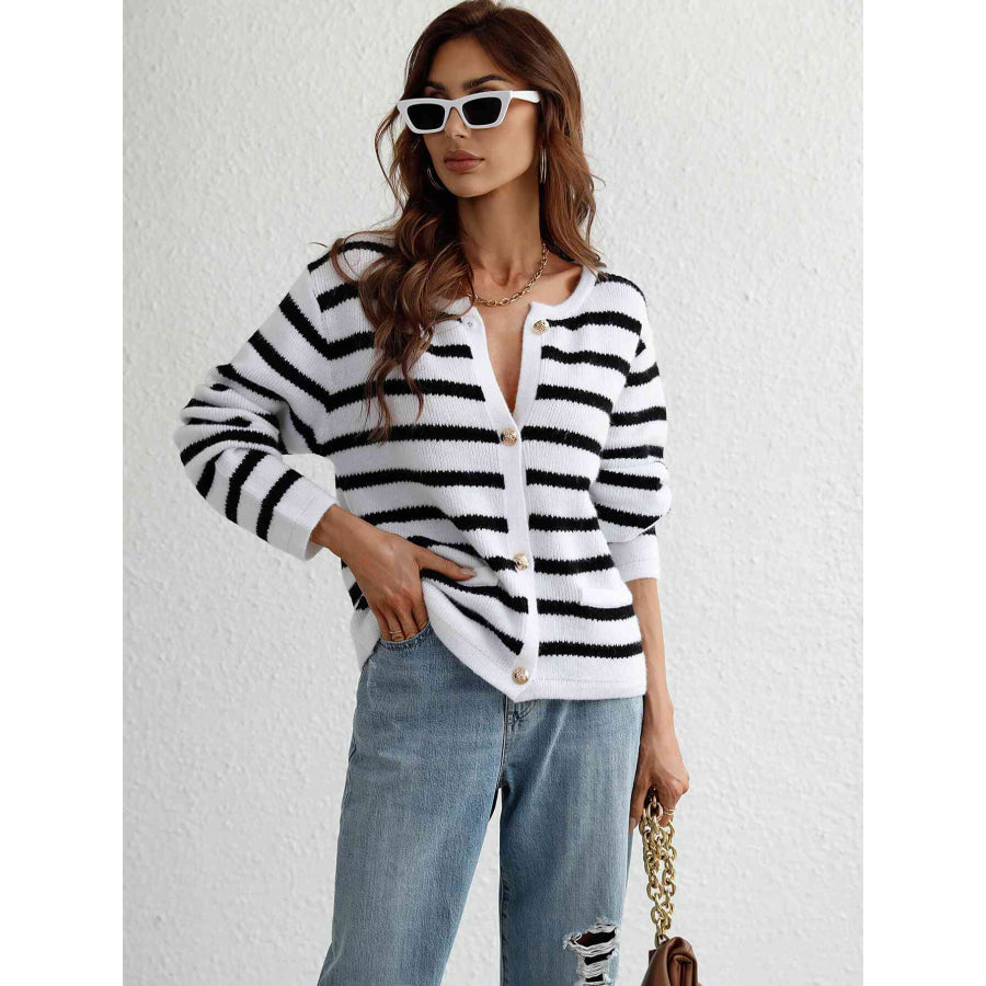 Woven Right Striped Button Front Cardigan White / S