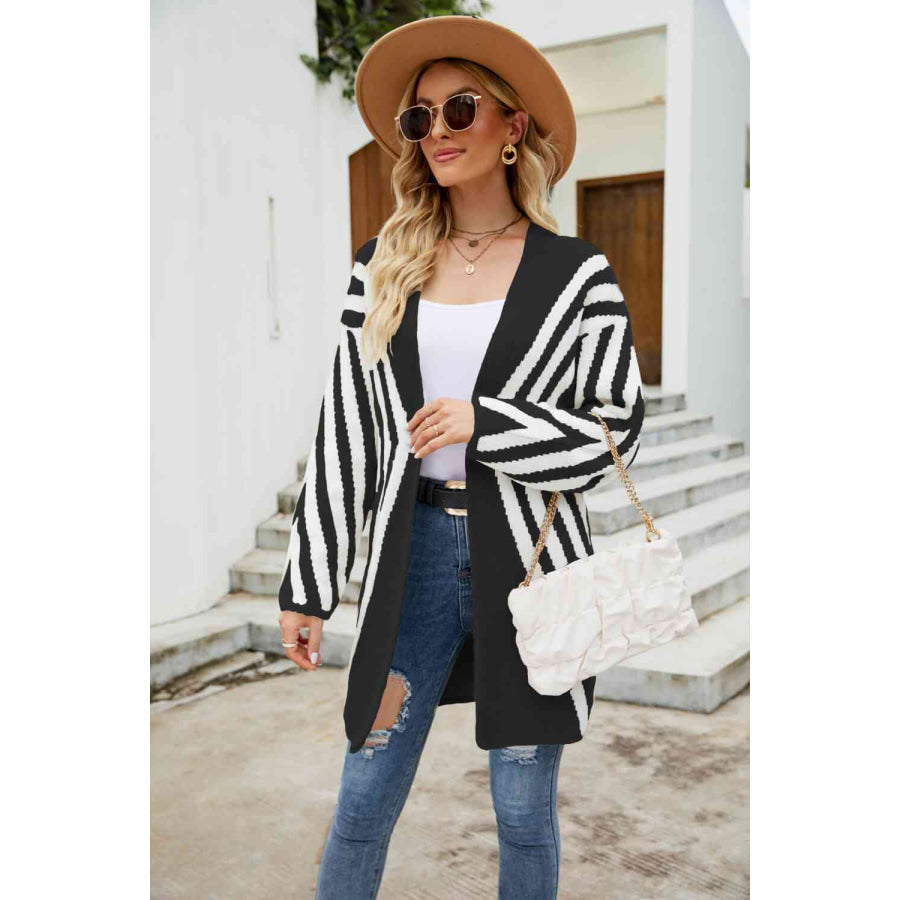 Woven Right Two-Tone Open Front Fuzzy Longline Cardigan Black / S