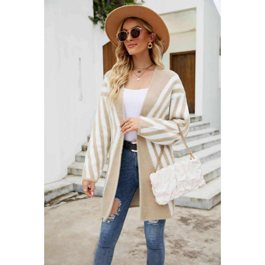 Woven Right Two-Tone Open Front Fuzzy Longline Cardigan Khaki / S