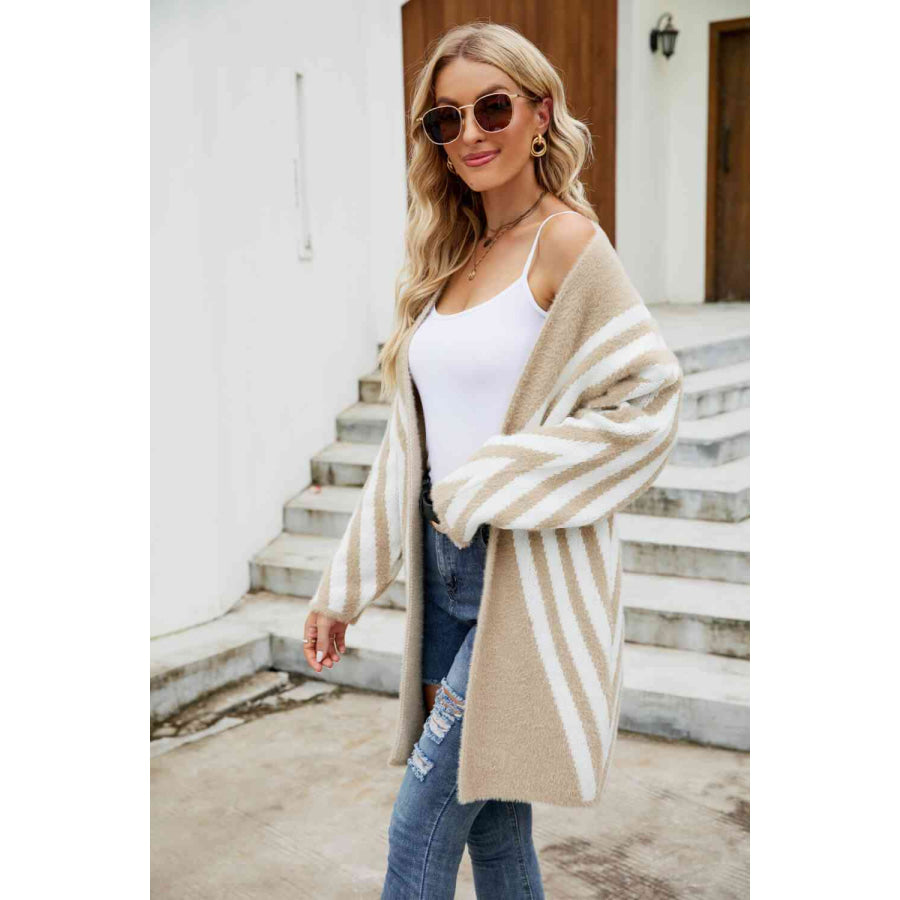 Woven Right Two-Tone Open Front Fuzzy Longline Cardigan