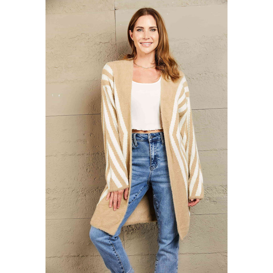 Woven Right Two-Tone Open Front Fuzzy Longline Cardigan
