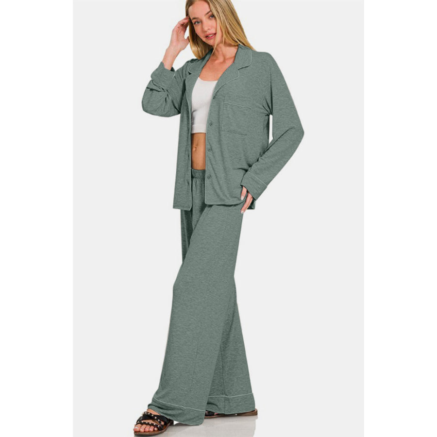 Zenana Button Down Long Sleeve Top and Pants Lounge Set Sage / S Apparel and Accessories
