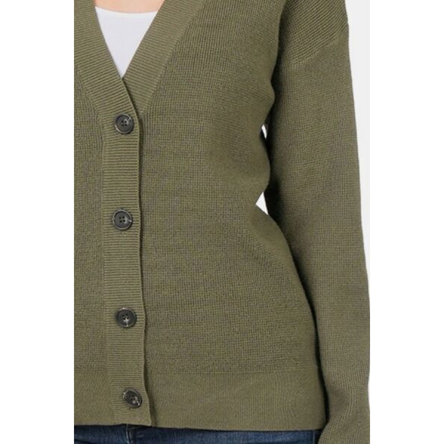 Zenana Button Up V - Neck Dropped Shoulder Cardigan DKOLIVE / S Apparel and Accessories