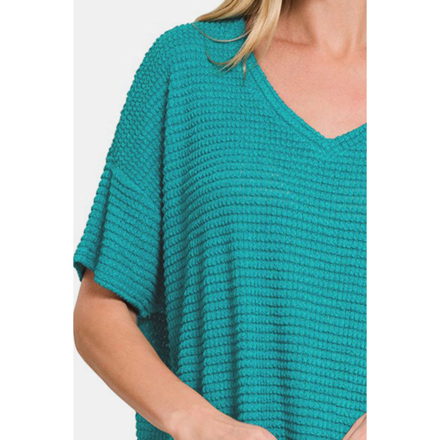 Zenana Drop Shoulder Short Sleeve Jacquard Knit Top Apparel and Accessories