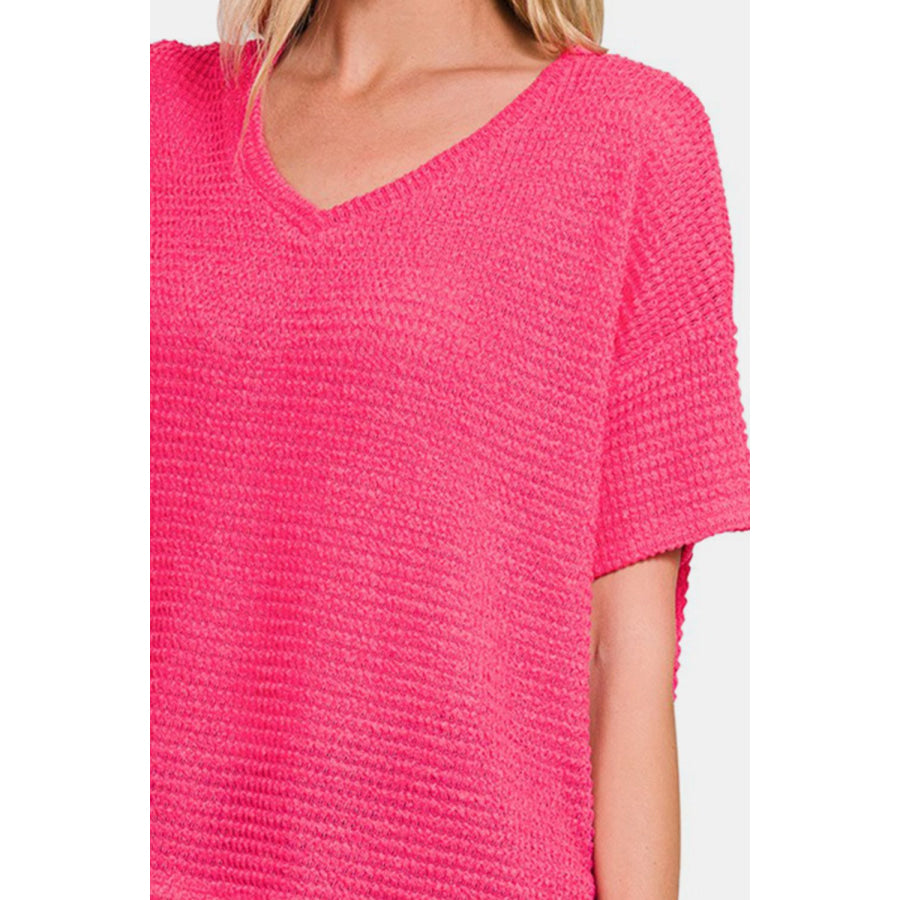 Zenana Drop Shoulder Short Sleeve Jacquard Knit Top Apparel and Accessories