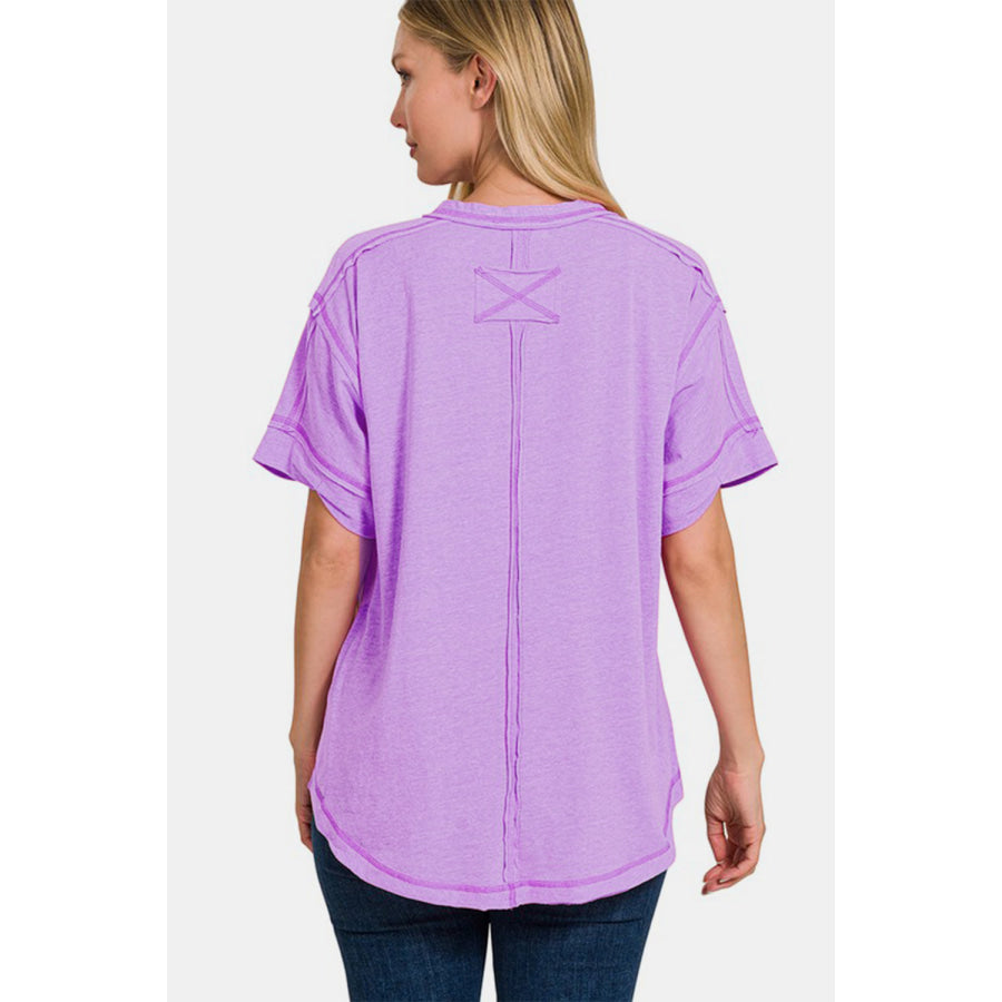 Zenana Exposed Seam Half Button Short Sleeve Top LAVENDER / S Apparel and Accessories