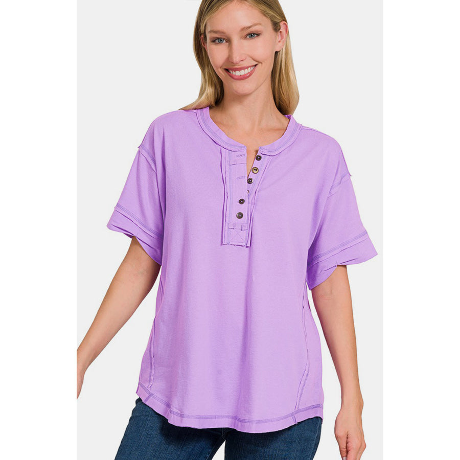Zenana Exposed Seam Half Button Short Sleeve Top LAVENDER / S Apparel and Accessories