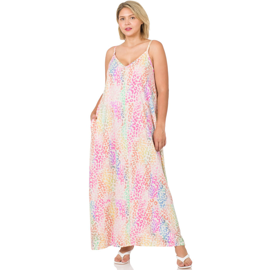 PREORDER! French Terry Rainbow Leopard V-Neck Cami Maxi Dress with Pockets - Light Rainbow - ETA mid October 1XL Dresses