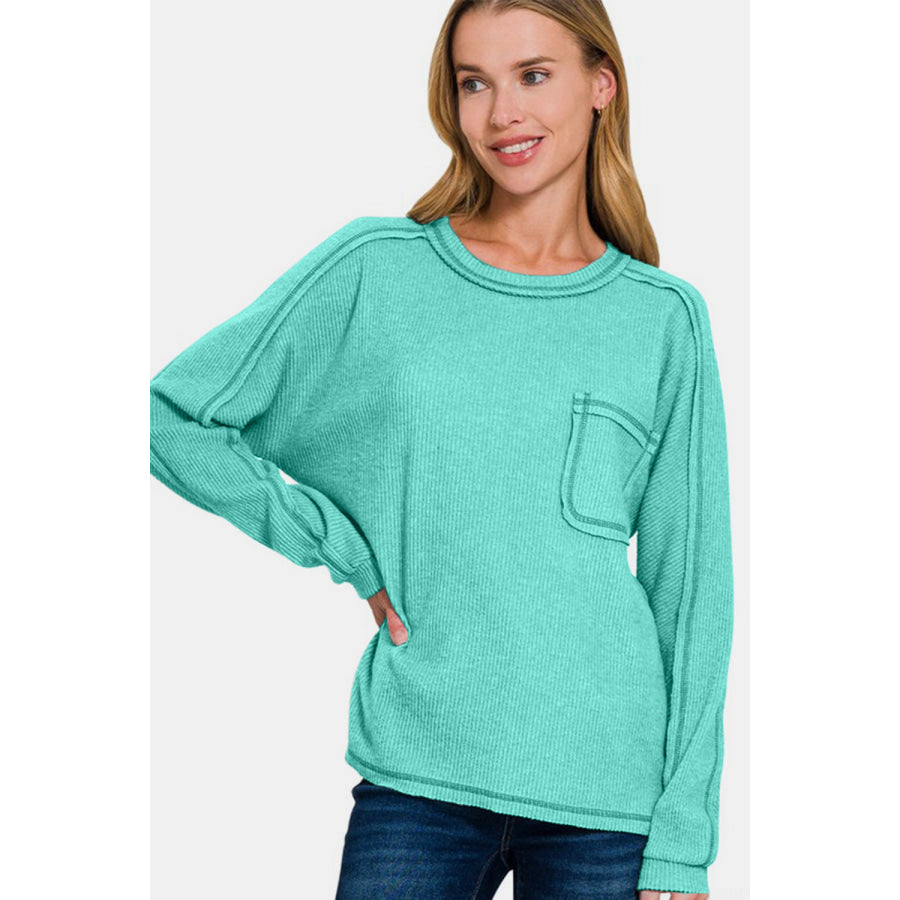 Zenana Full Size Contrast Stitching Brushed Ribbed Hacci Knit Top Plus Size Apparel and Accessories