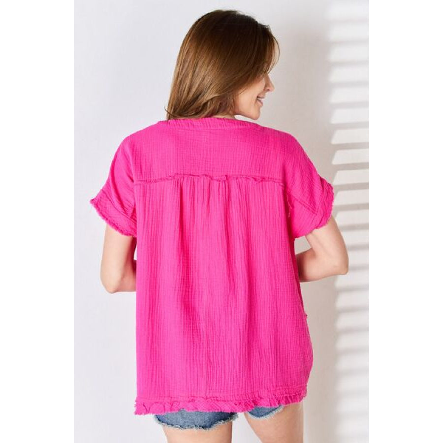 Zenana Full Size Raw Hem Short Sleeve Top Apparel and Accessories