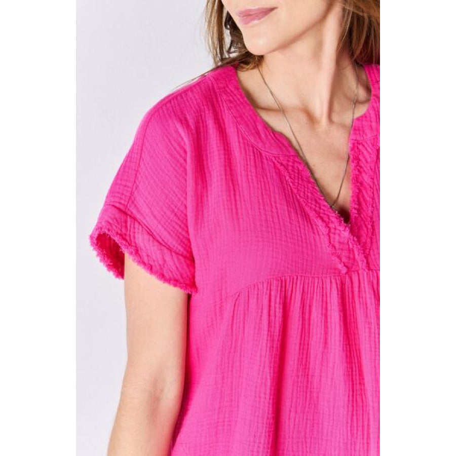 Zenana Full Size Raw Hem Short Sleeve Top Apparel and Accessories