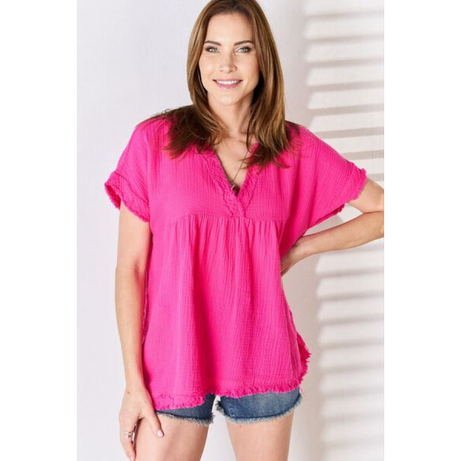 Zenana Full Size Raw Hem Short Sleeve Top Apparel and Accessories