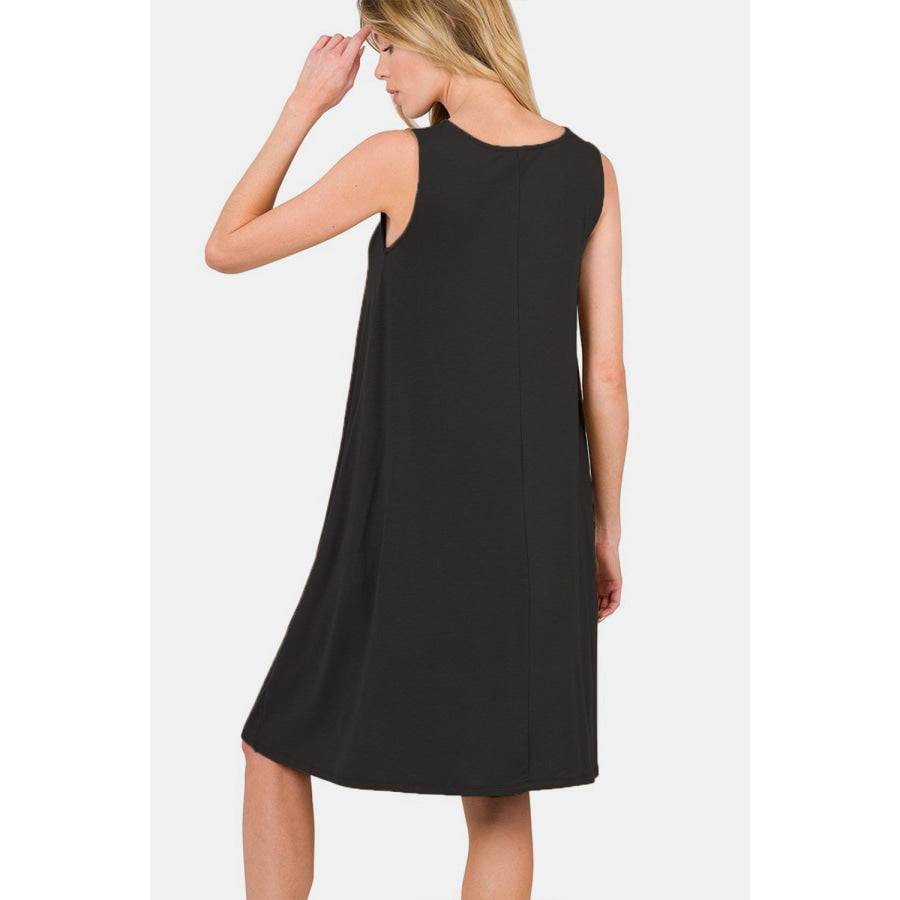 Zenana Full Size Sleeveless Flared Dress with Side Pockets Apparel and Accessories