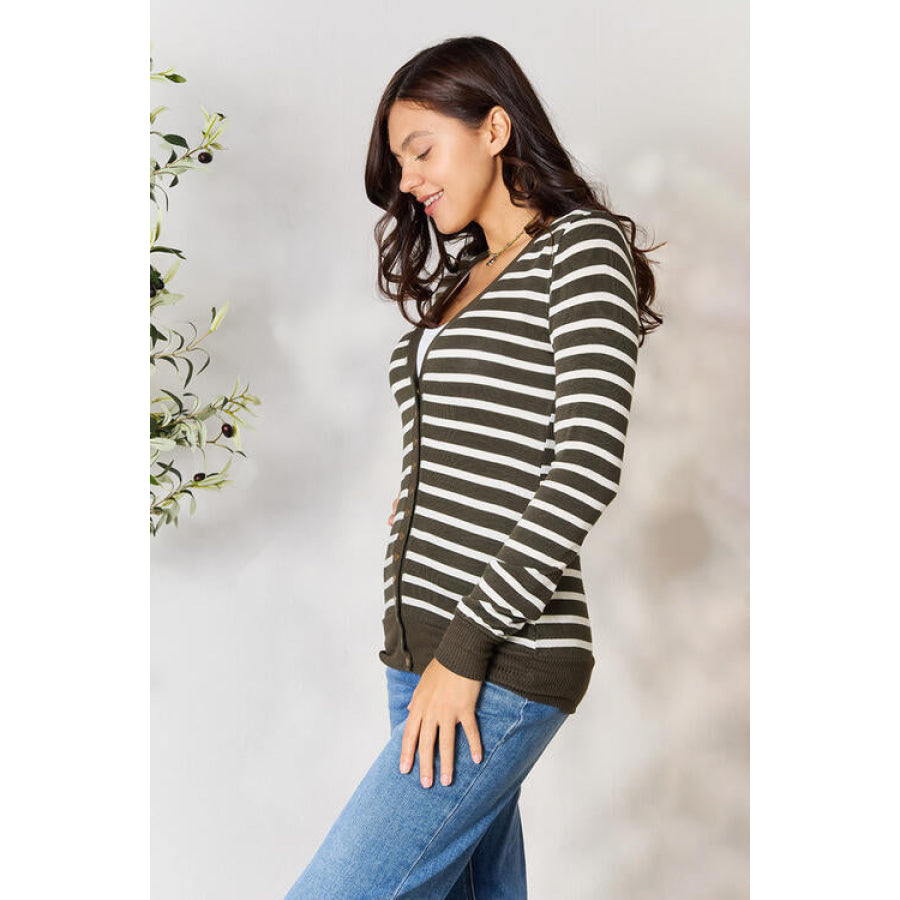 Zenana Full Size Striped Snap Down Cardigan Clothing