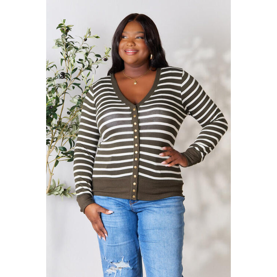 Zenana Full Size Striped Snap Down Cardigan Clothing