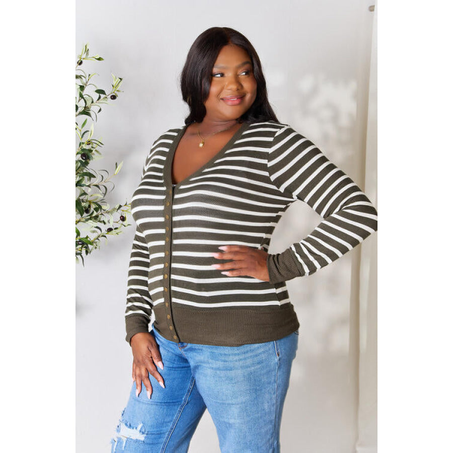 Zenana Full Size Striped Snap Down Cardigan Clothing