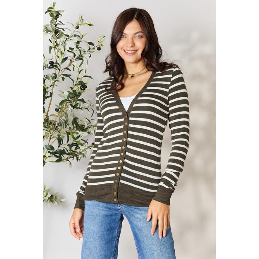 Zenana Full Size Striped Snap Down Cardigan Dark Olive/Ivory / S Clothing