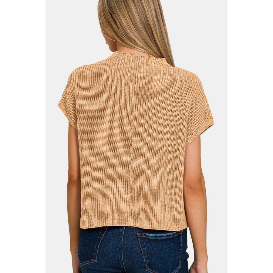 Zenana Mock Neck Short Sleeve Cropped Sweater Brush / S Apparel and Accessories
