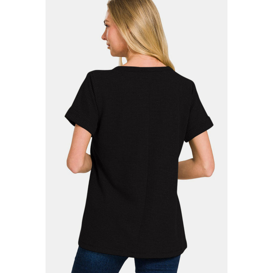 Zenana Notched Short Sleeve Waffle T - Shirt Black / S Apparel and Accessories