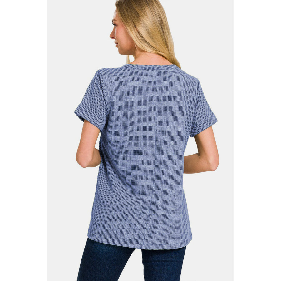 Zenana Notched Short Sleeve Waffle T - Shirt DENIM / S Apparel and Accessories
