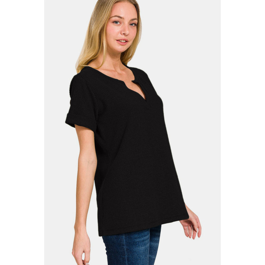 Zenana Notched Short Sleeve Waffle T - Shirt Apparel and Accessories