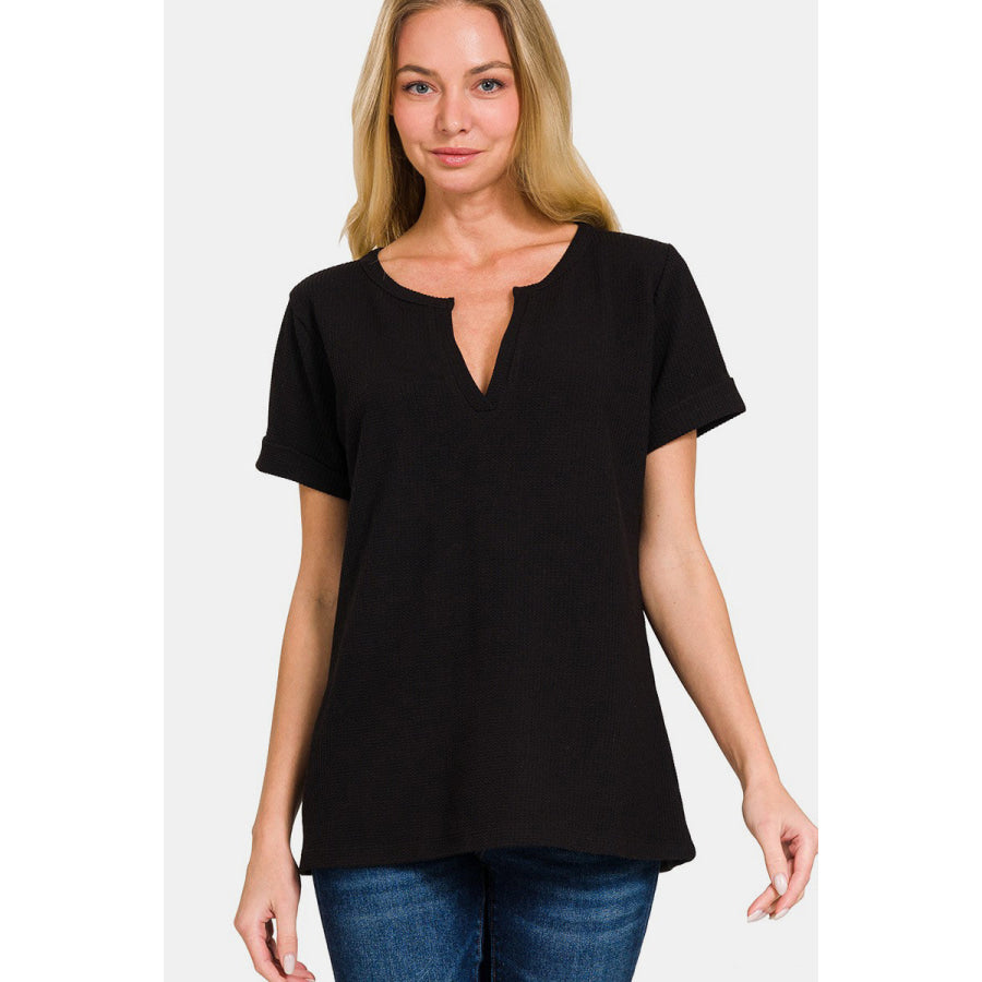 Zenana Notched Short Sleeve Waffle T - Shirt Black / S Apparel and Accessories