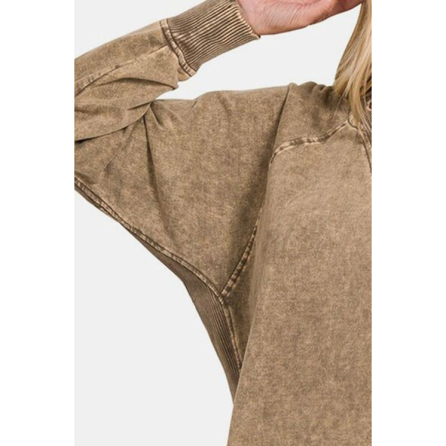 Zenana Pocketed Round Neck Sweatshirt MOCHA / S Apparel and Accessories