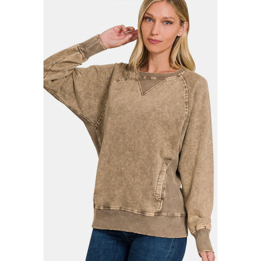 Zenana Pocketed Round Neck Sweatshirt MOCHA / S Apparel and Accessories