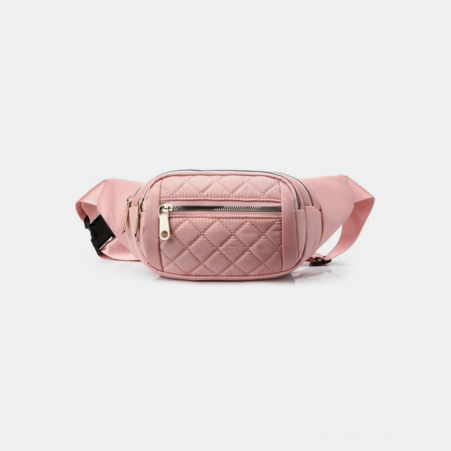Zenana Quilted Multi Pocket Waist Belt Bag Pink / One Size Apparel and Accessories
