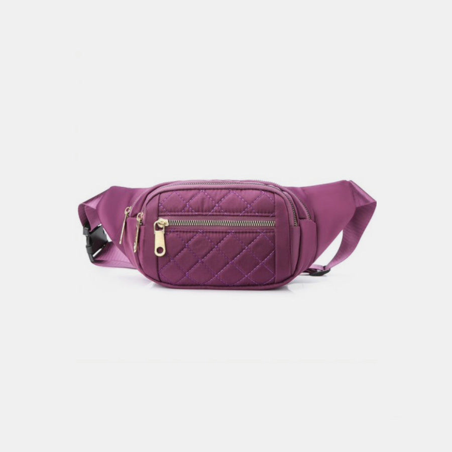 Zenana Quilted Multi Pocket Waist Belt Bag Purple / One Size Apparel and Accessories