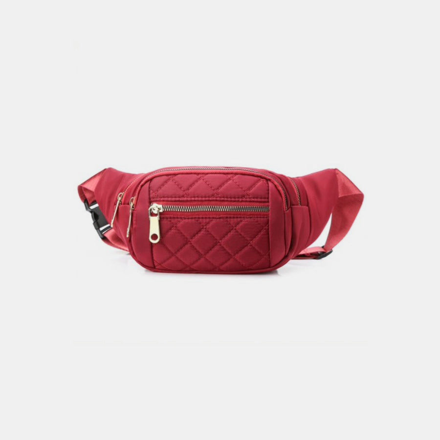 Zenana Quilted Multi Pocket Waist Belt Bag Red / One Size Apparel and Accessories