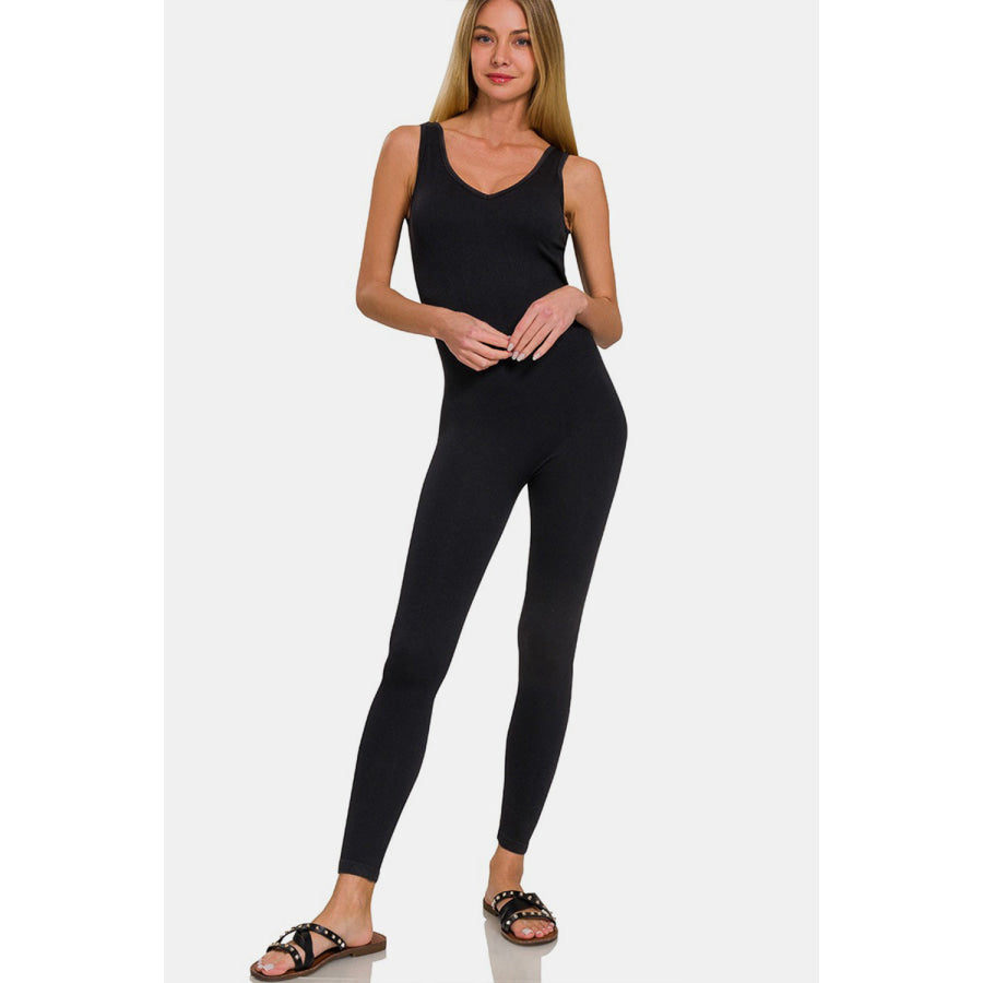 Zenana Ribbed Bra Padded Sports Seamless Jumpsuit Apparel and Accessories