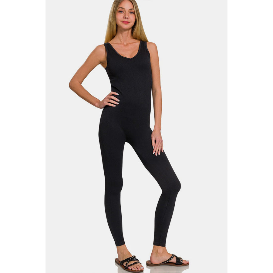 Zenana Ribbed Bra Padded Sports Seamless Jumpsuit Black / S/M Apparel and Accessories