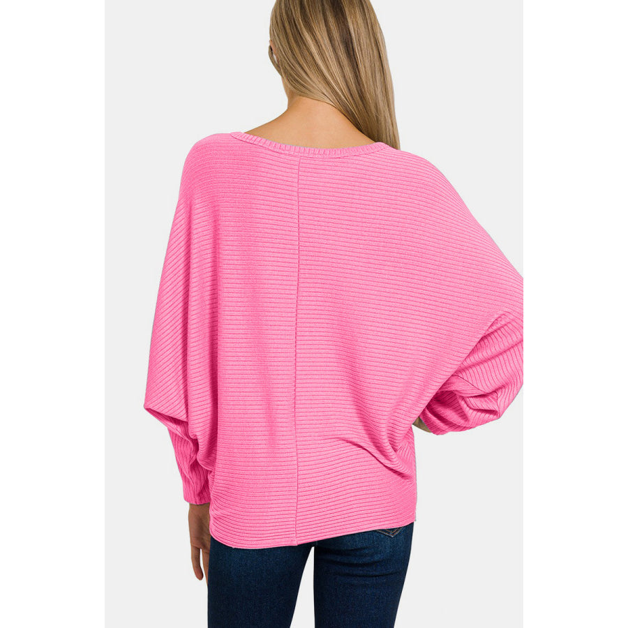 Zenana Ribbed Round Neck Long Sleeve Top CANDY PINK / S Apparel and Accessories
