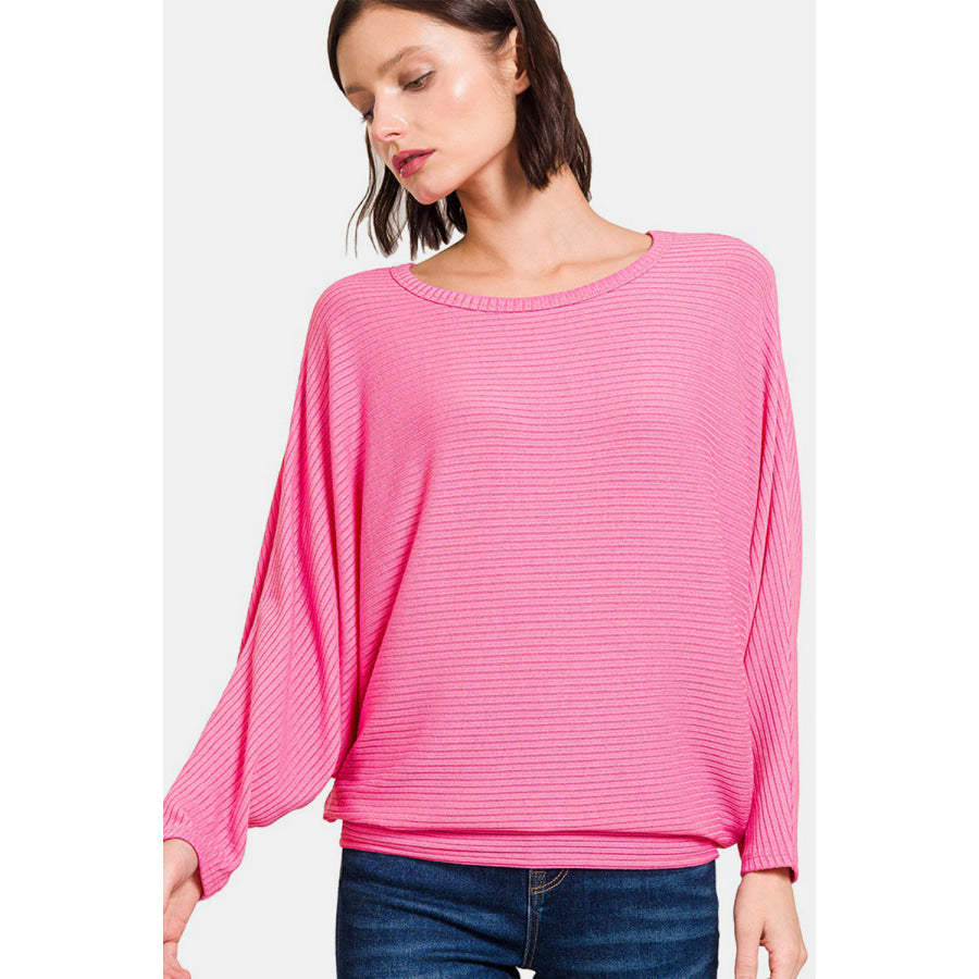 Zenana Ribbed Round Neck Long Sleeve Top CANDY PINK / S Apparel and Accessories