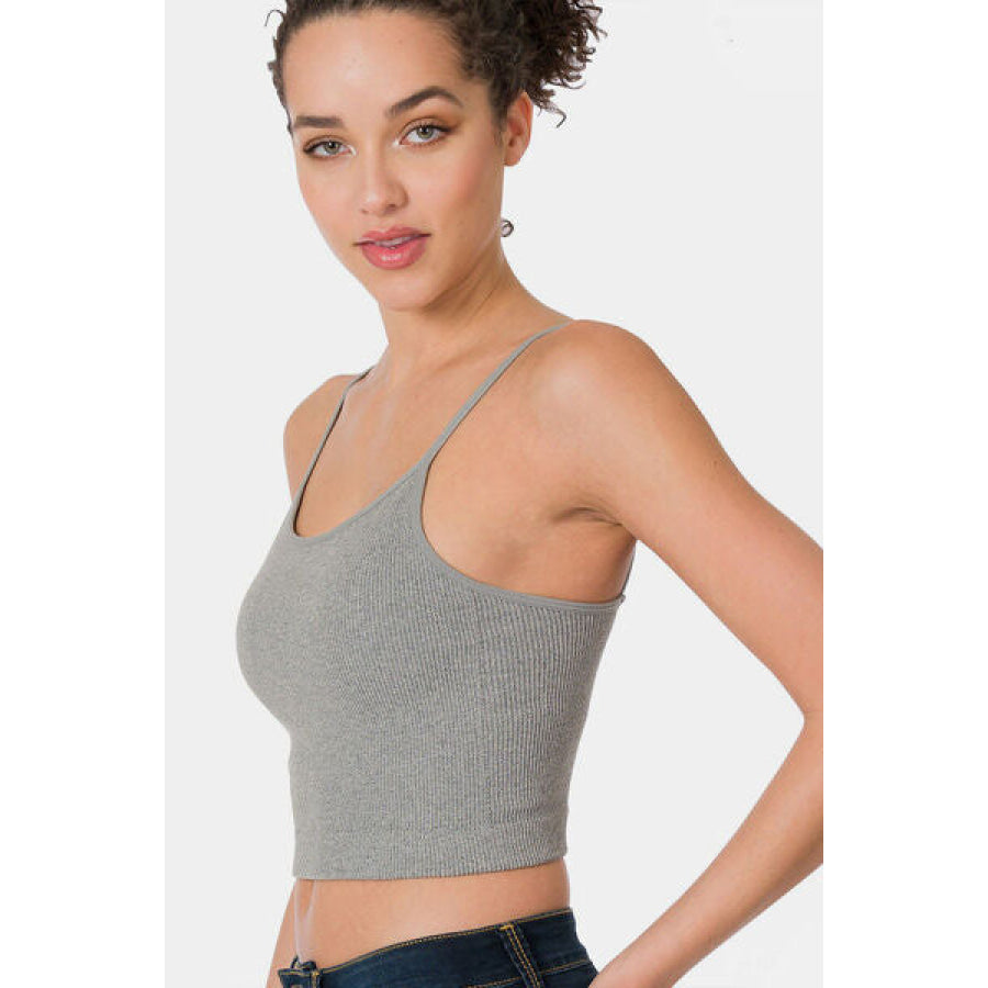 Zenana Ribbed Seamless Cropped Cami with Bra Pads HGREY / S/M Apparel and Accessories