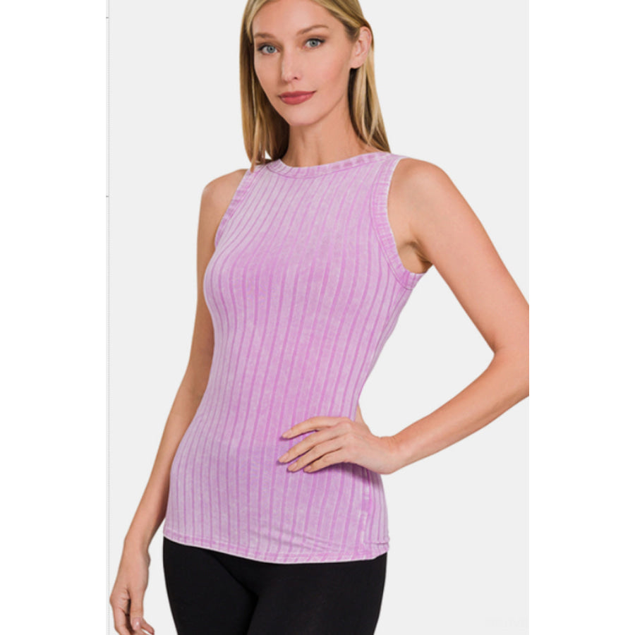 Zenana Ribbed Washed Round Neck Tank MAUVE / S Apparel and Accessories